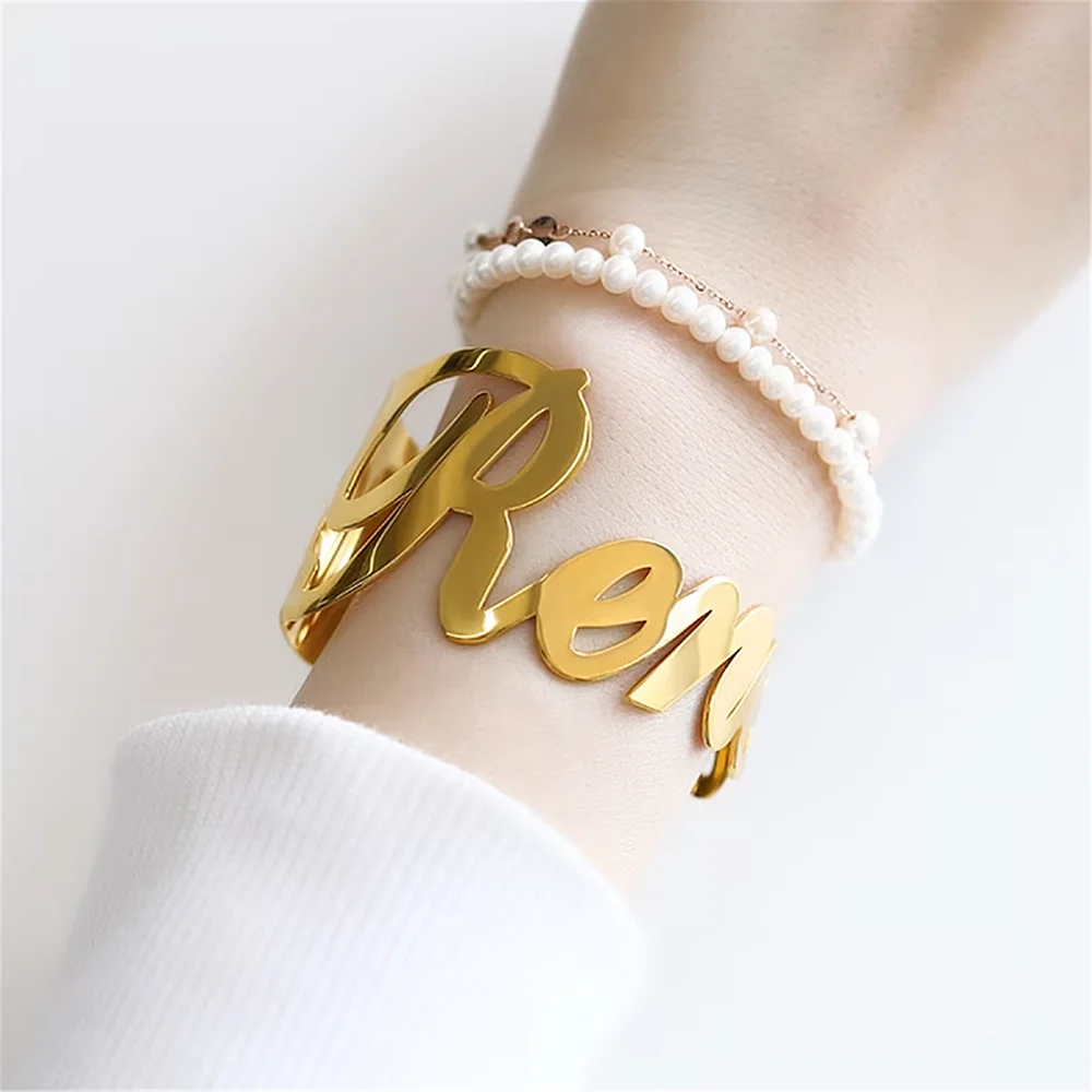 

Custom Name Open Bangle for Women Personalized Letter Fashion Adjustable Big Bangles Stainless Steel Gold Jewelry Christmas Gift