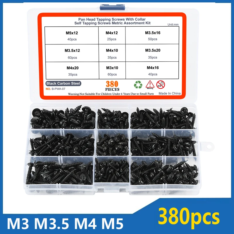 PWA Carbon Steel Cross Head Pan Head Tapping Screw M3 M3.5 M4 M5 Self Tapping Screw Set Assortment Kit Black Furniture 380pcs