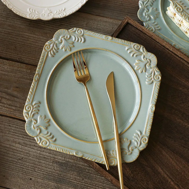 

French Relief Western Pasta Plate Home Ceramic Dessert Plate Cake Square Plate