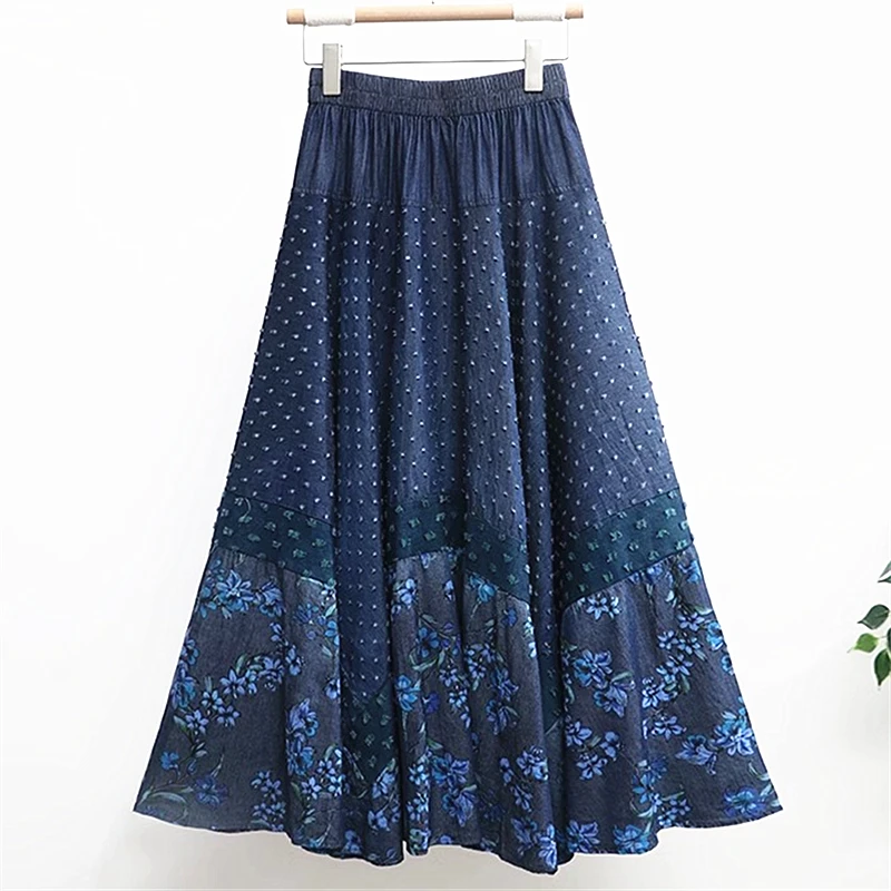 Women's Vintage High Street Pleated Denim Skirts Girls Chic All-Match Elastic Waist Polka Dot High Quality Vacation Fashionable