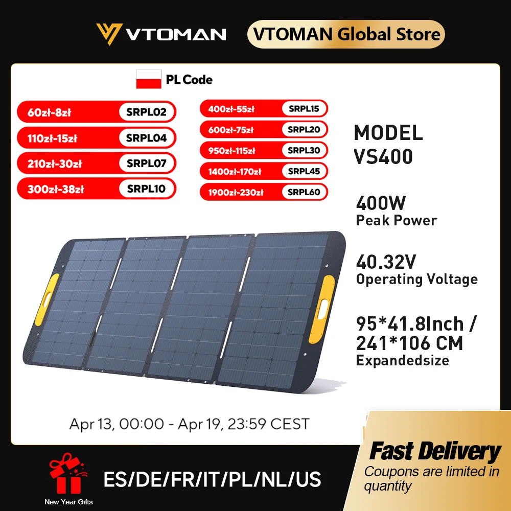 Panneaux solaires pliables VTOMAN VS400W, cellules 40,32 V, panneau de charge solaire portable, kit complet pour station d'alimentation de tourisme en plein air