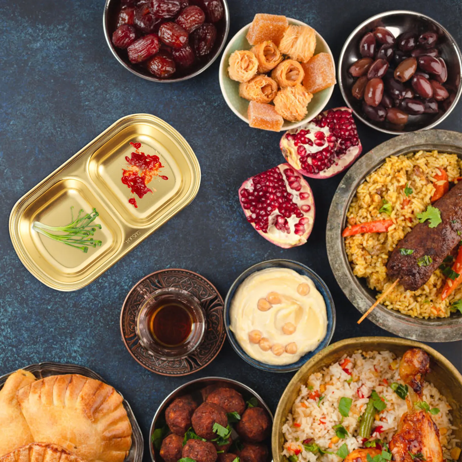 

2Pcs Double Compartments Sauce Bowl Stainless Steel Seasoning Dish Practical for Home Restaurant Catering Hall