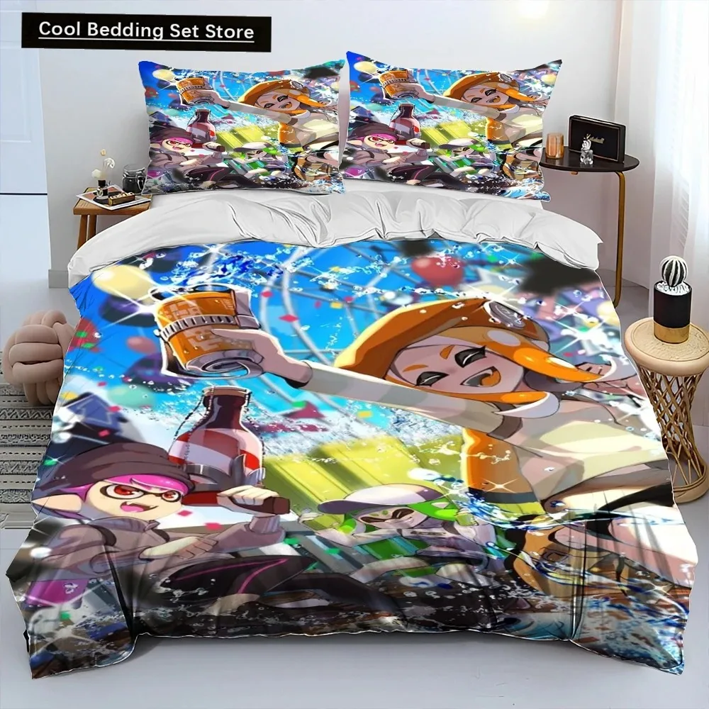 S-Splatoon Game Gamer Cartoon Comforter Bedding Set,Duvet Cover Bed Set Quilt Cover Pillowcase,King Queen Size Bedding Set Kids