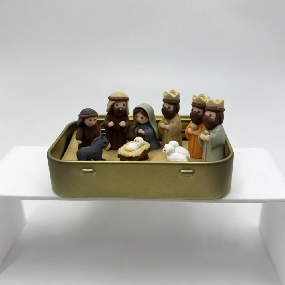 Metal Tin Box Mini Christmas Trough Set Holy Family Hand Painted Nativity Manger Scene Kit 3D Printed Shepherd Animal