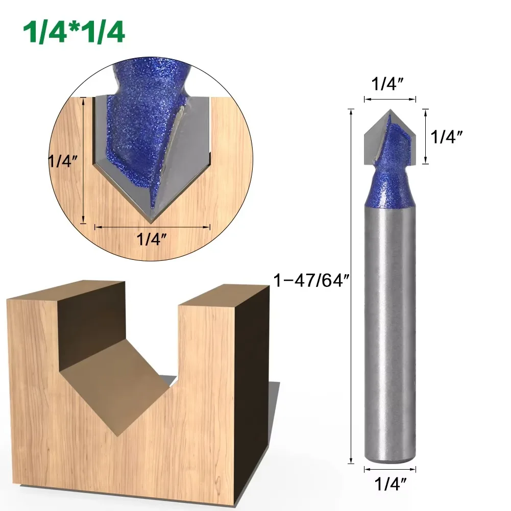 1PC 1/4 "6.35MM tige fraise 90 degrés V rainure Bit 1/4" 5/16 "3/8" 1/2 "solide routeur peu carbure fraise menuiserie