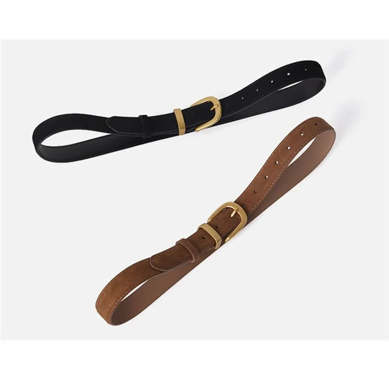 New Double Genuine Leather Belt for Women Cowhide Suede Belts with Trendy Square Alloy Buckle Ideal for Dresses and Jeans