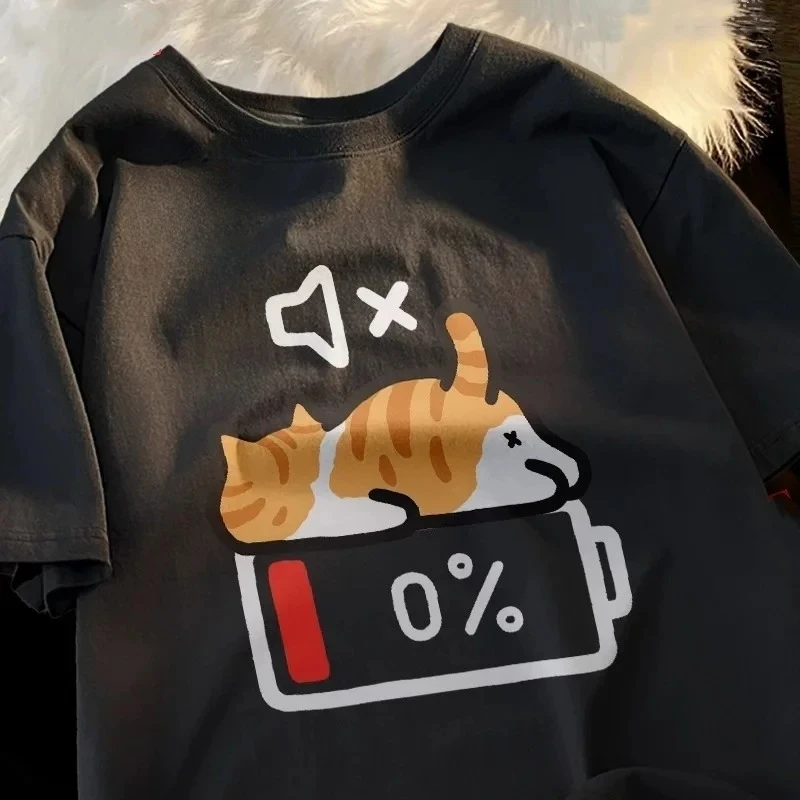 Funny 0% Battery Lazy Cat Graphic Women T‑Shirt Mute No Energy Cartoon Print Short Sleeve Casual Tee Fashion Women Clothes