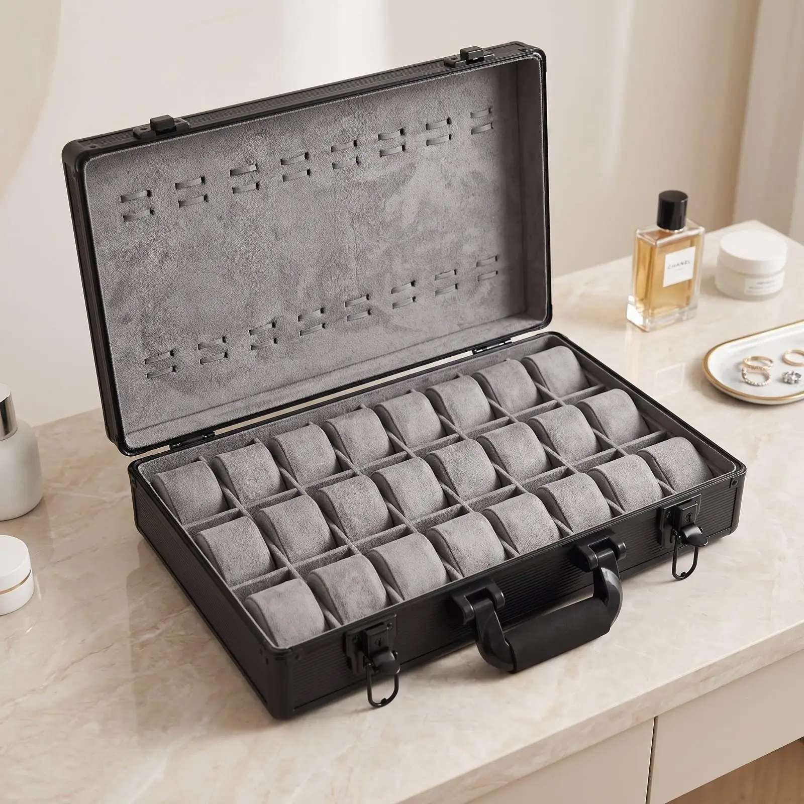 Watch Organizer Storage Case 24 Slot Aluminum Suitcase Design Suede Lining Dustproof Carrying Handle for Travel