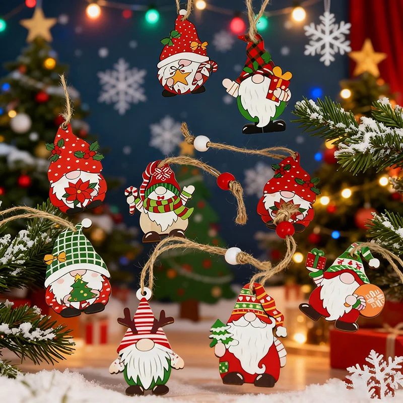 12 Stücke Holz Weihnachten Gnome Ornamente Weihnachtsbaum Hängen Anhänger 2025 Navidad Party Dekoration für Zuhause 2026 Neujahr Kinder Geschenk