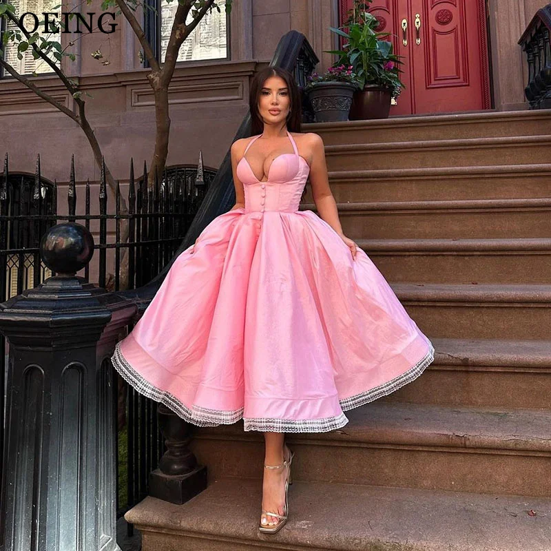 OEING Pink A-Line Princess Prom Dresses Spaghetti Strap Sleeveless Tea-Length Party Gowns Satin Sweetheart Dress Customized