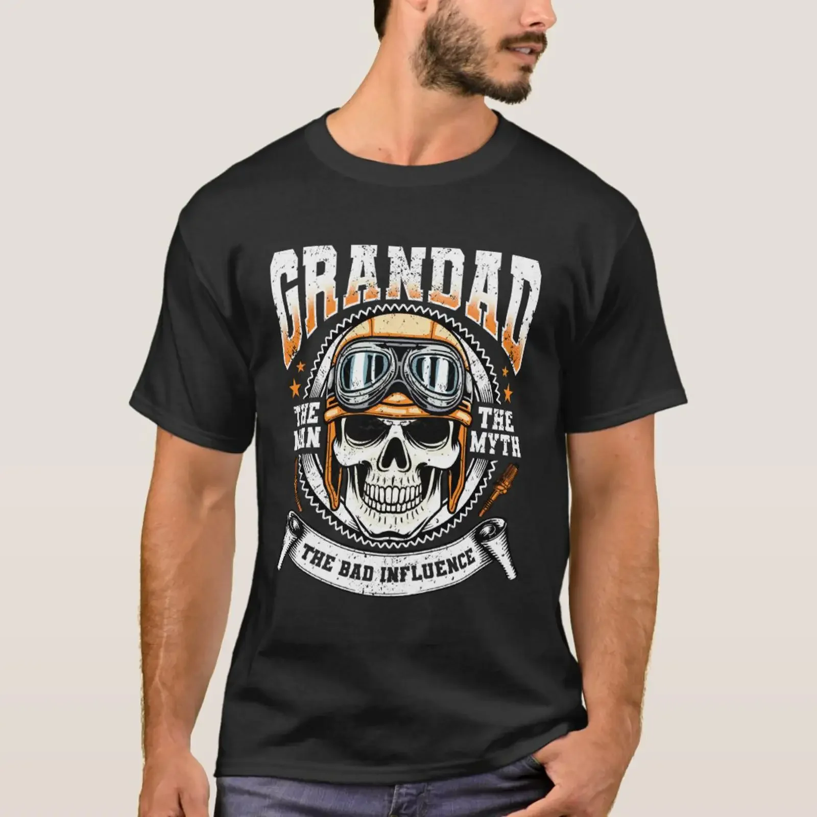T-shirt vintage délavé confortable et doux, motif crâne de grand-père, casque, influence motard, art rétro, légèrement tendance, pour le quotidien