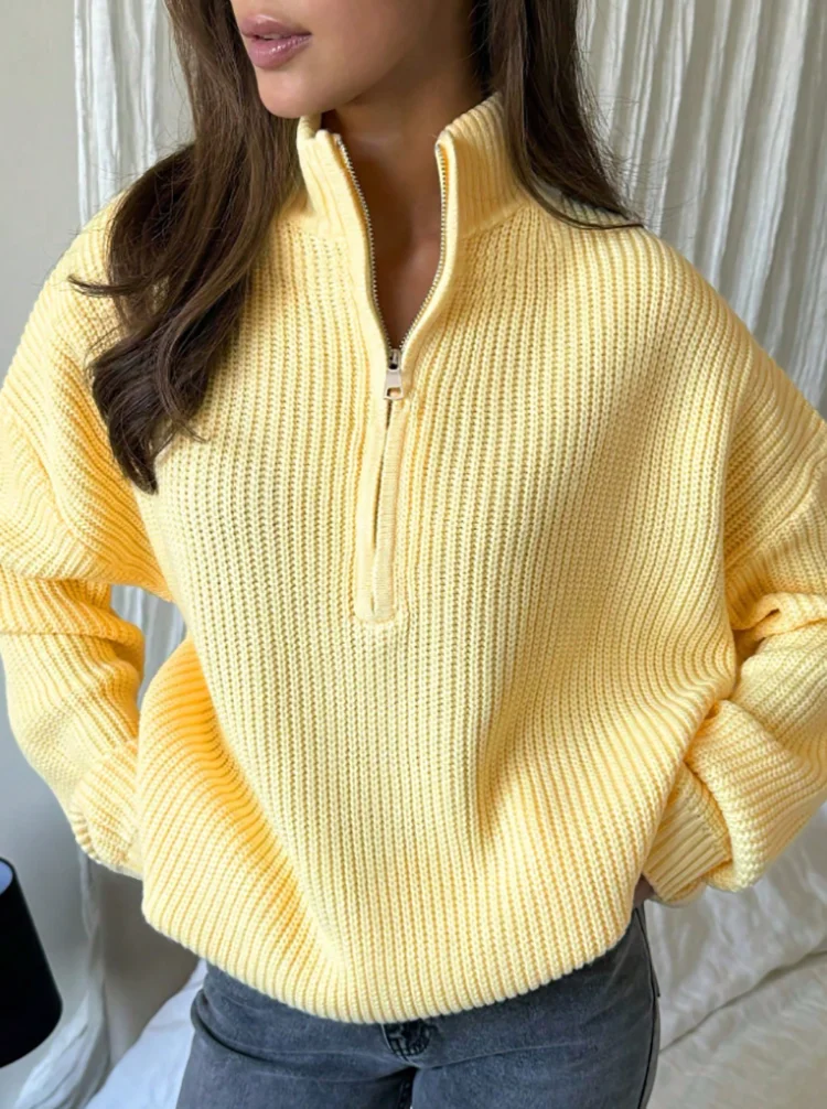 Casual plus size textured commuting loose and versatile stand up collar zipper half open collar pullover long sleeved sweater