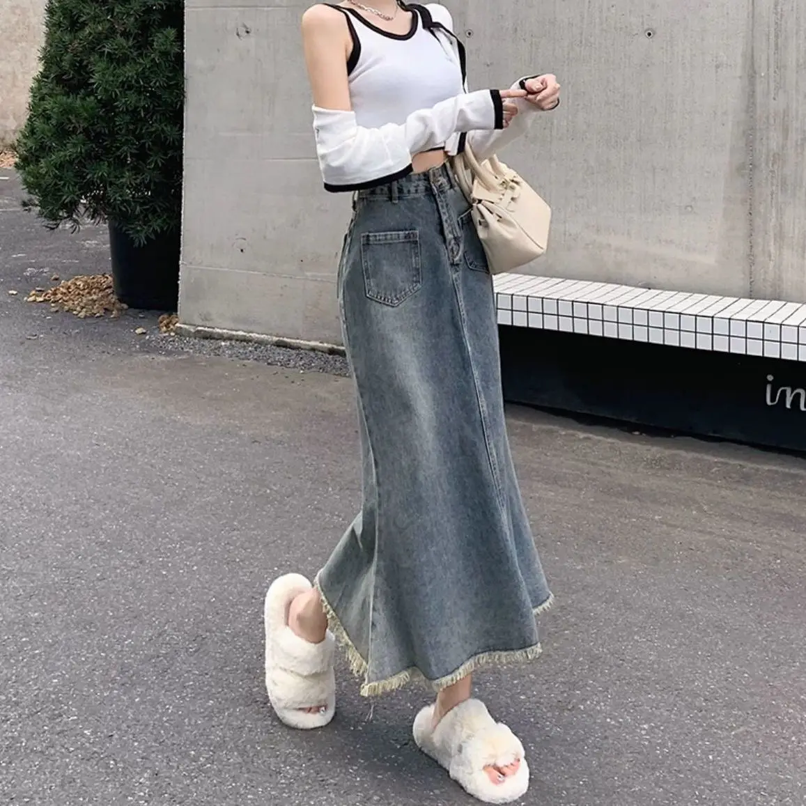 

Long Female Jeans Skirts Fringe High Waist Women's Denim Skirt Clothing Trend 2025 Quality Korean Fashion Streetwear Modest Y2k