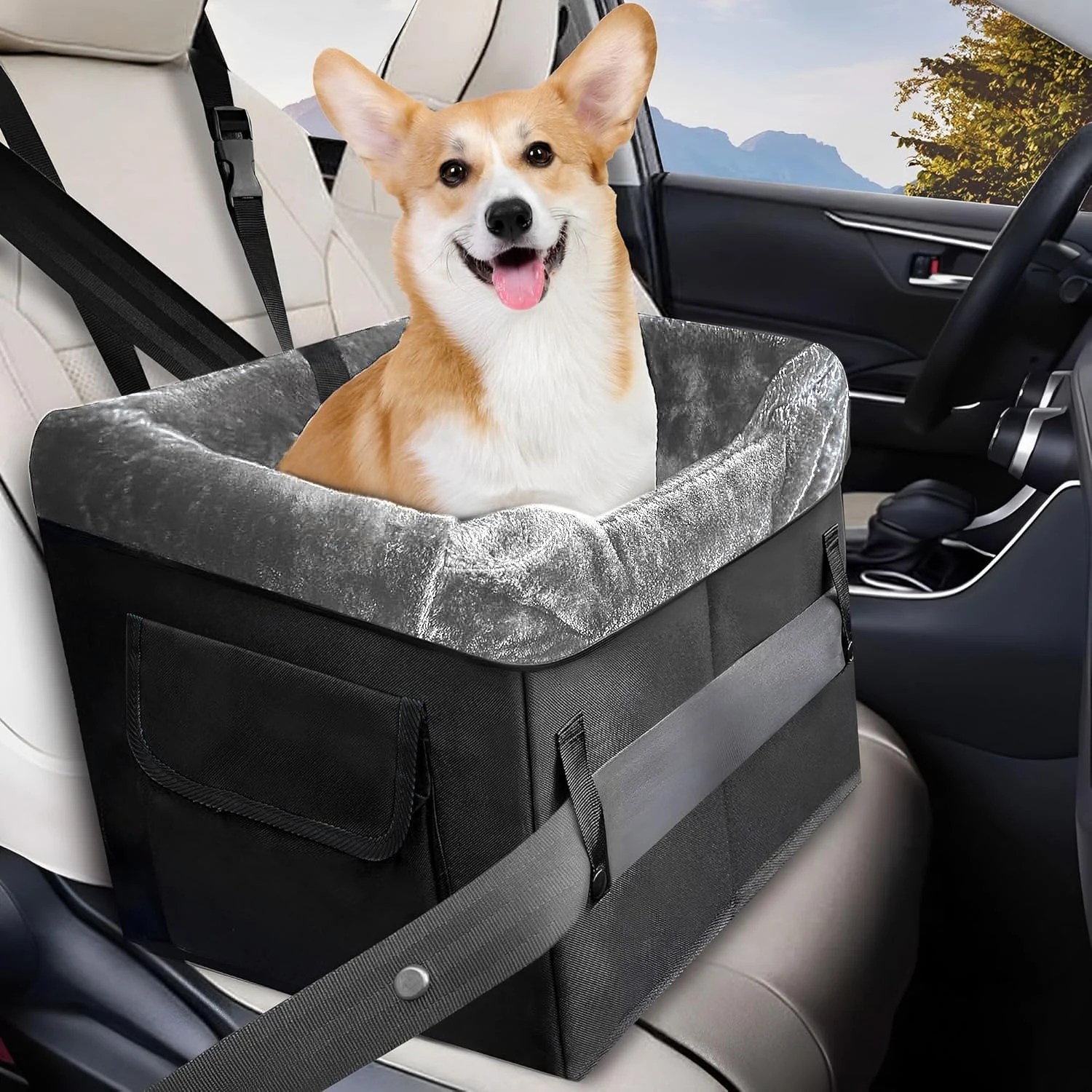 

Washable Plush Booster Carrier | Pet Car Seat with Storage Pockets,for Under 25 Lbs Vehicle Travel Road Trip Back Front Center