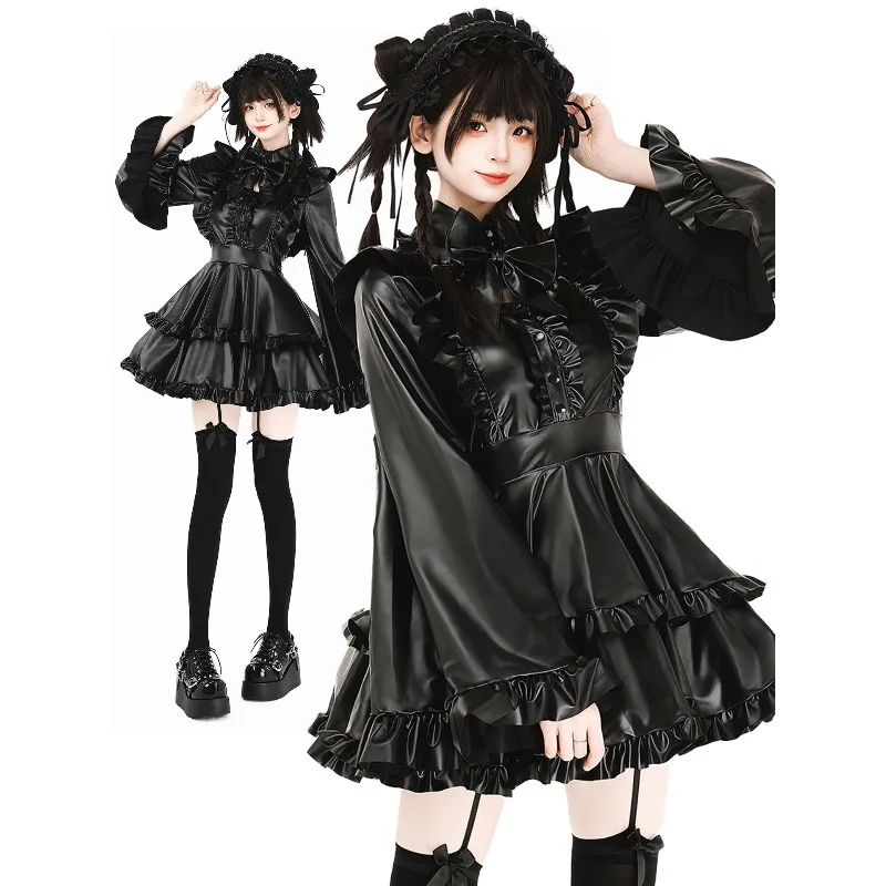 

Dark Gothic Lolita Maid Cosplay Costume Black PU Leather Dress with Ruffled Bell Sleeves Halloween Party Carnival for Women
