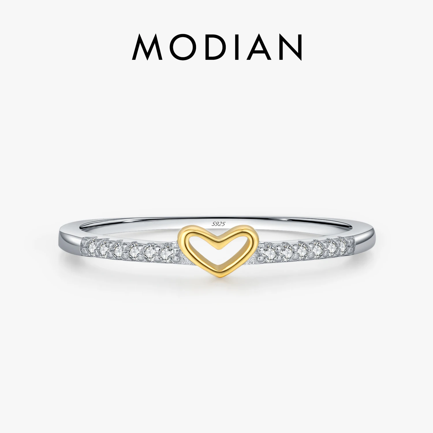MODIAN 925 Sterling Silver Prosty romantyczny pierścionek z sercem Modne metalowe pierścionki z kontrastowym wzorem dla kobiet Drobna biżuteria