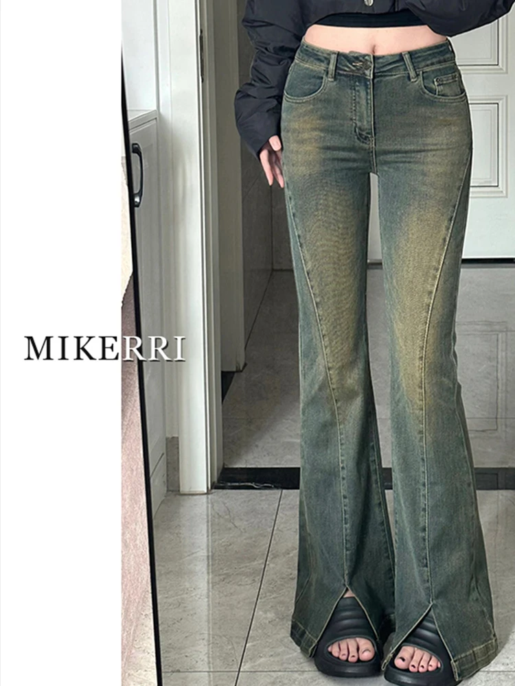 

2025 Autumn Winter Women Kpop Low Rise Gyaru Split Denim Flare Pants Bootcut Jean Y2k Harajuku Stacked Jean Bell Bottom Gyaru