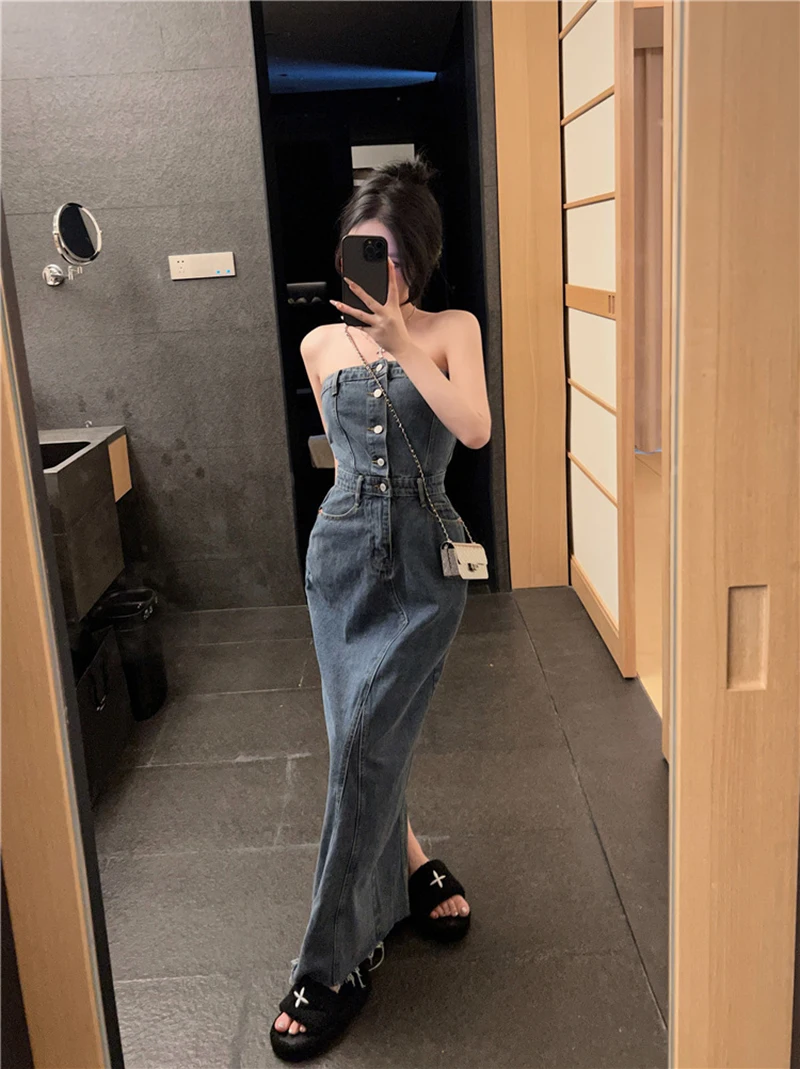 Sleeveless Bra Denim Dress Women\'s Single Breasted Back Pleated Waist Long Vestidos Blue High Waisted Slim Fit Denim Dresses