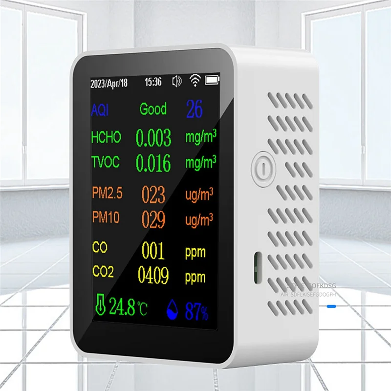 

A17Z Air Quality Monitor CO2 Monitor 12 In 1 With Time/ Date Display WIFI PM2.5 PM10 CO CO2 TVOC HCHO AQI Tester,Black