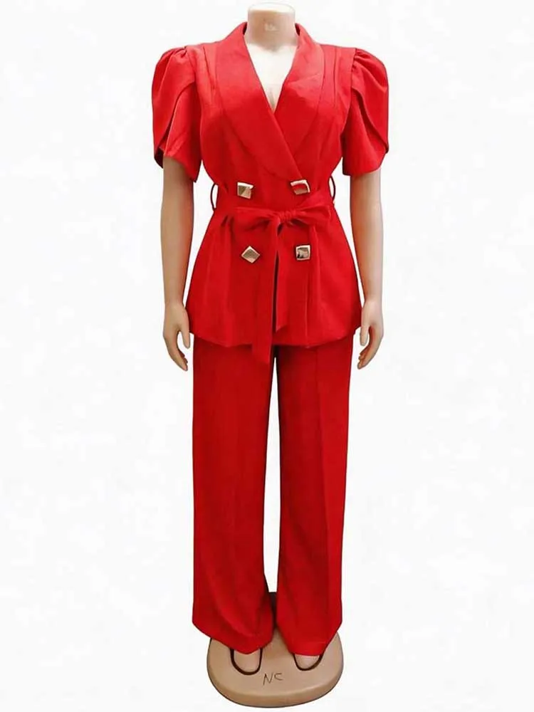 Summer Women's Fashion Elegant Workplace Work Suit Set Women Solid Color V-neck Short Sleeve Suit Loose Drop Wide Leg Pants Set