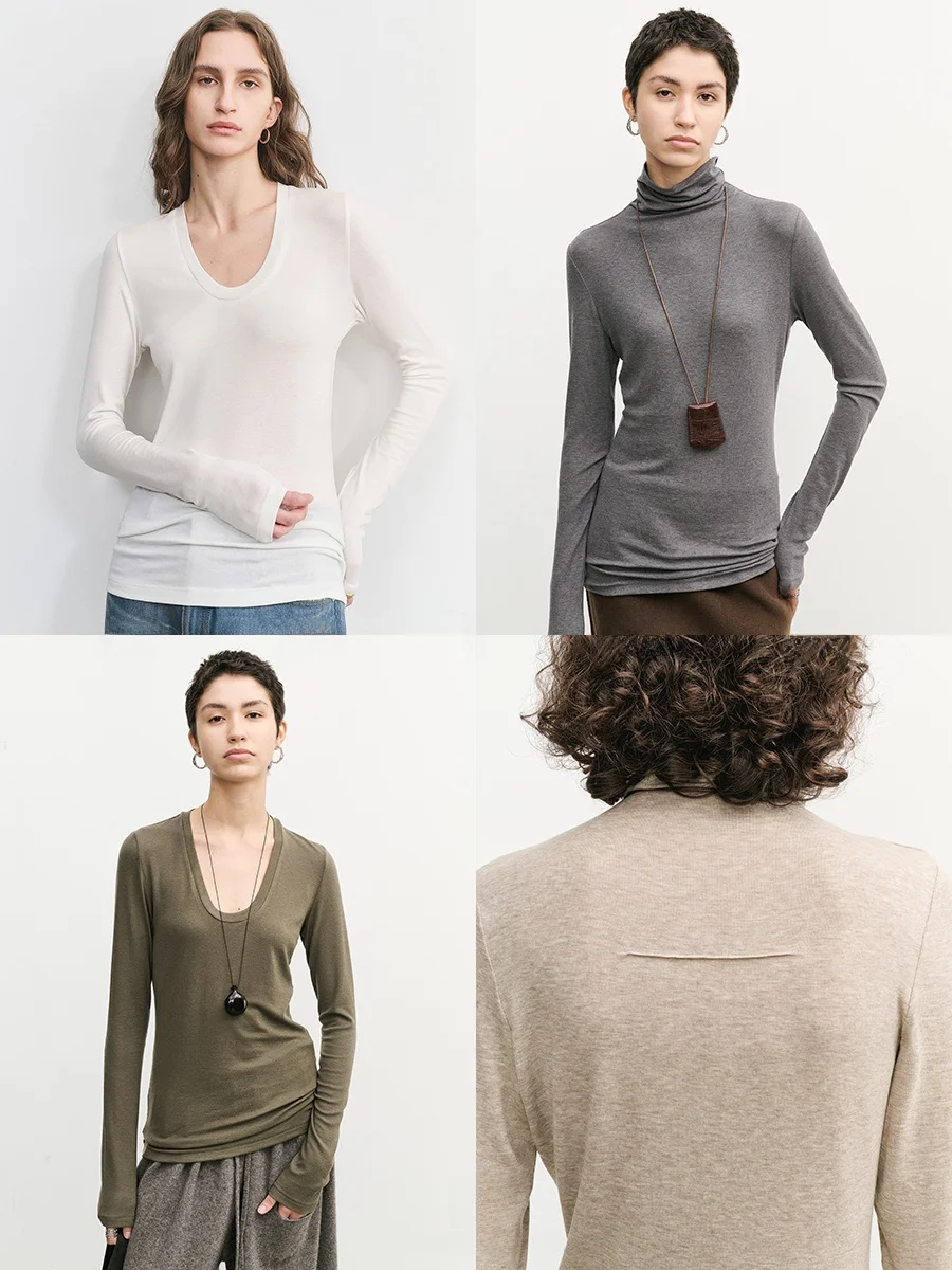 

A Cloud Soft Lyocell Wool Elastic Lazy Turtlene U Ne Base irt Женский длинный све круглый трикотажный топ Ne Pure Color