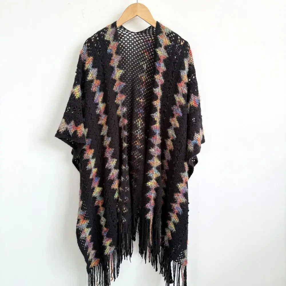 الفاخرة العرقية نمط محبوك شال شتاء دافئ أنيق شريط شرابة شال معطف تراكب أزياء المرأة