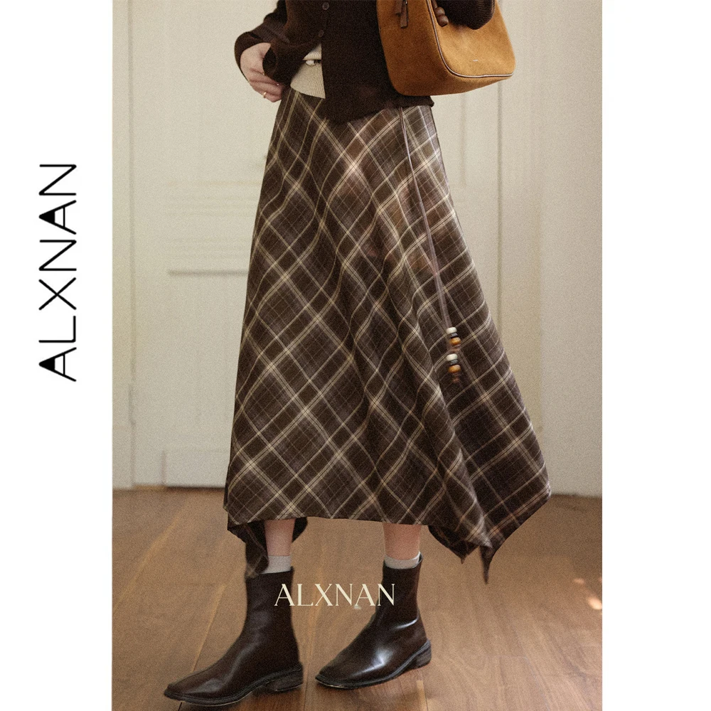 ALXNAN Women's Plaid Irregular Skirt Elegant Vintage Long A-line Checkered Midi Skirts 2026 Fall Winter Female Clothing L57278