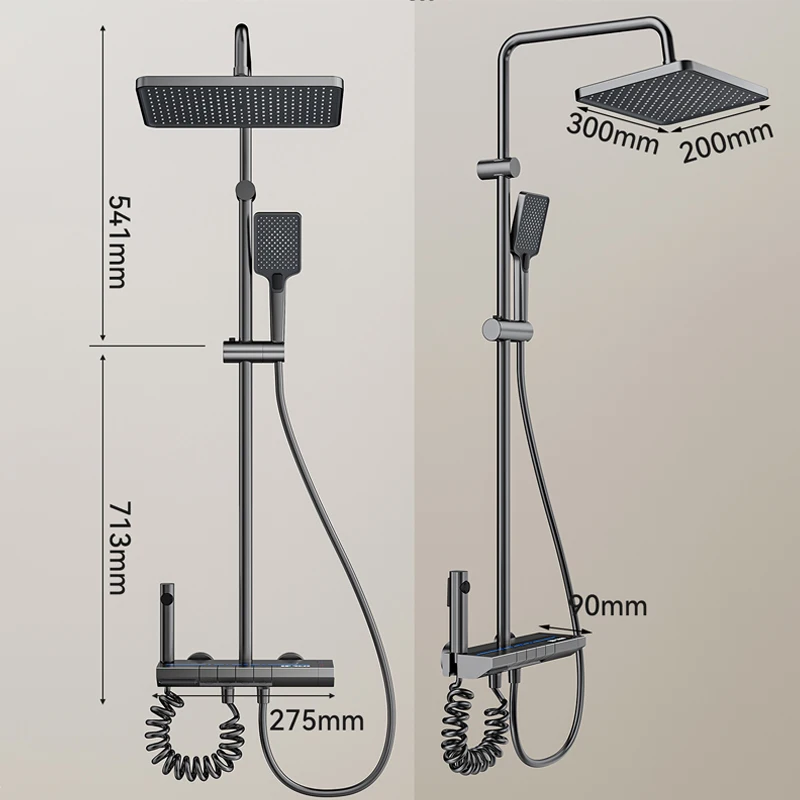 Space Aluminium Doucheset Digitale Display Douche Hogedruk Pianoknop Met Omgevingslicht Badkamerkranen Douchekopsets