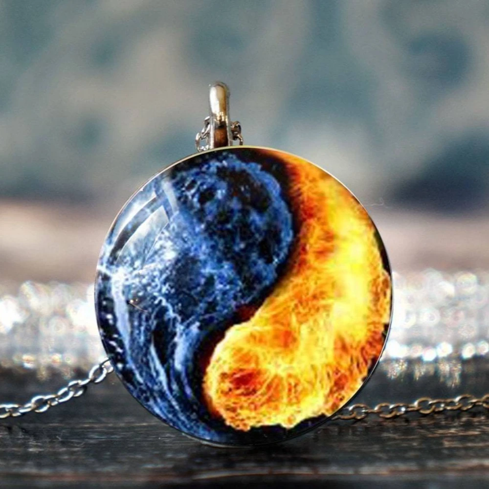 Gothic Double-sided Glass Double Snakes Entwined Orca Moth Yin-yang Taiji Time Gemstone Pendant Necklace for Women Men Jewelry