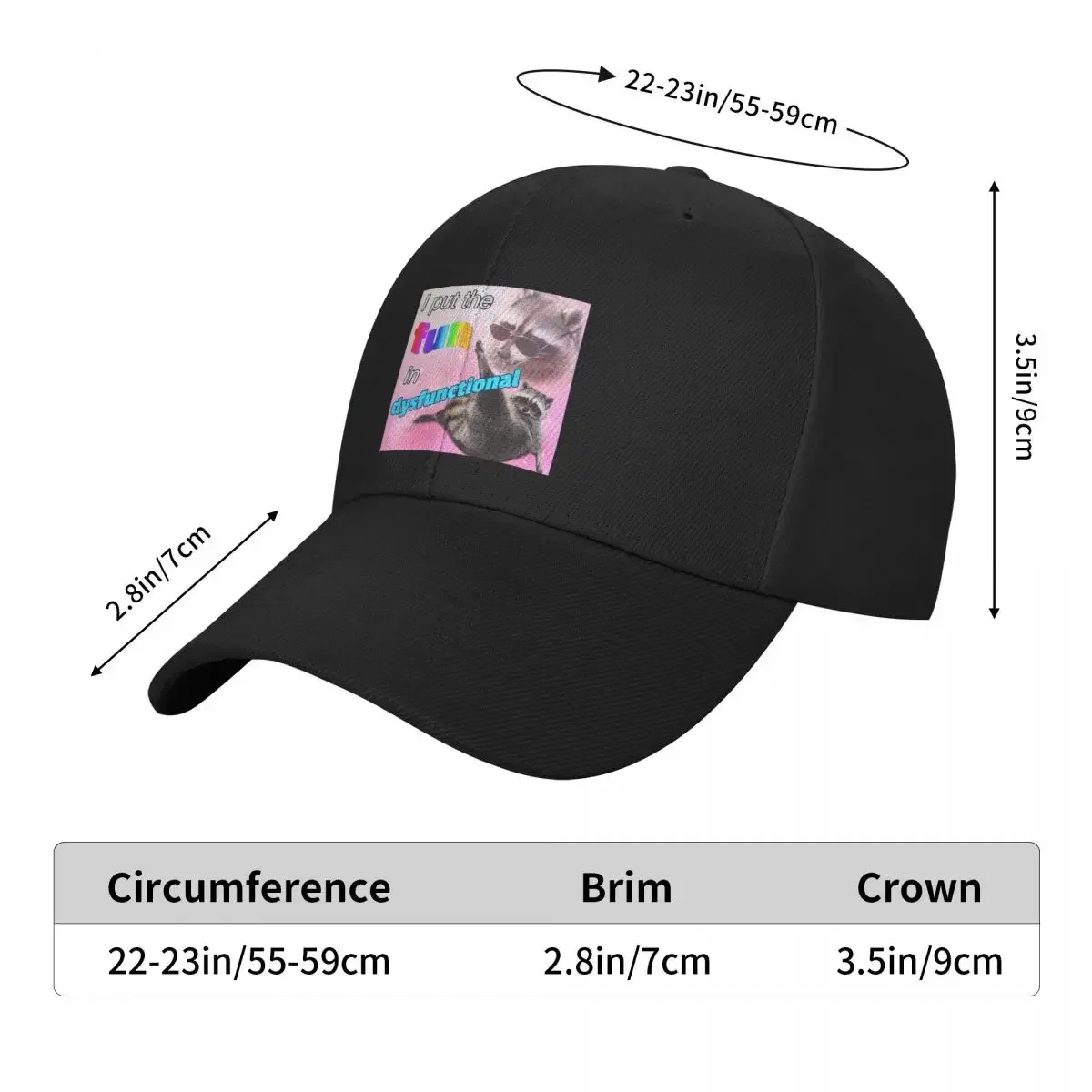 Racoon Meme: I put the fun in dysfunctional Baseball Cap Rugby fashionable Hood hiking hat For Girls Men's