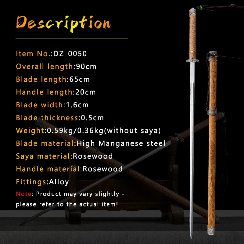 Rosewood Chinese Tang Jian Sword,Traditional Shirasaya Design, High Manganese Steel,Metal Fitting,Decoration Sword,Non Sharp