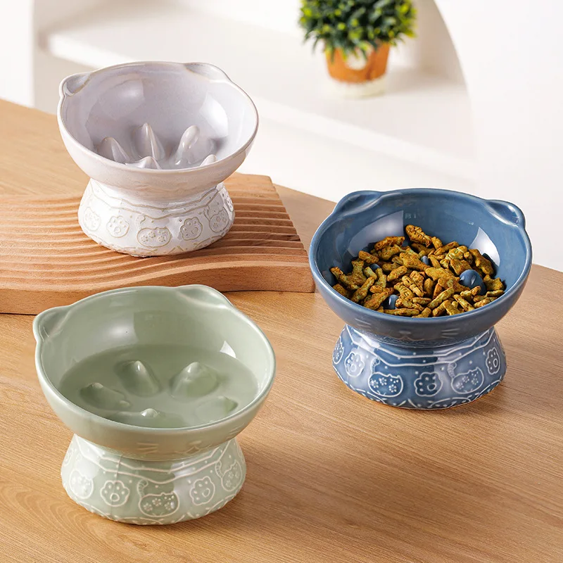 

Керамические высокие ножки, медленная еда, чтобы предотвратить удушье миски для домашних животных, защита от переворачивания косых рта, защита шеи, миска для собак и кошек, 1 шт.