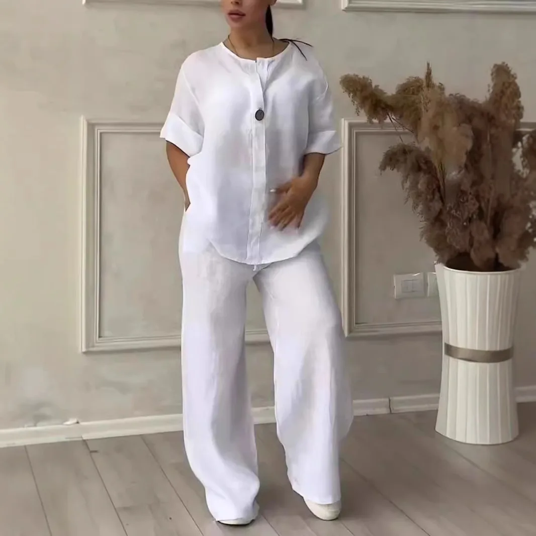 

Comfortable Loose Cotton Linen Women's two pieces set Top Wide Leg Pants Casual Fashion Set Suits Spring Summer Wear Outfits