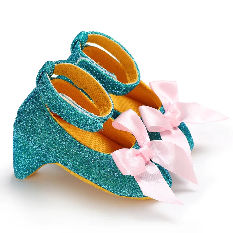 Zapatos de tacón alto con lazo de lentejuelas para niña recién nacida, calzado Formal de suela suave para primeros pasos, fiesta de cumpleaños, 1 año