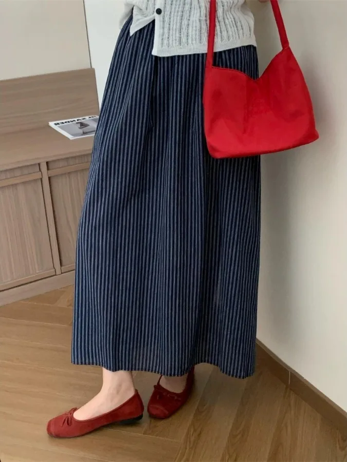

High Waist Stripe Midi Slimming Skirt New Chinese Sle Elastic Long Skirt Commute Loose Fit Summer Autumn New Arrival