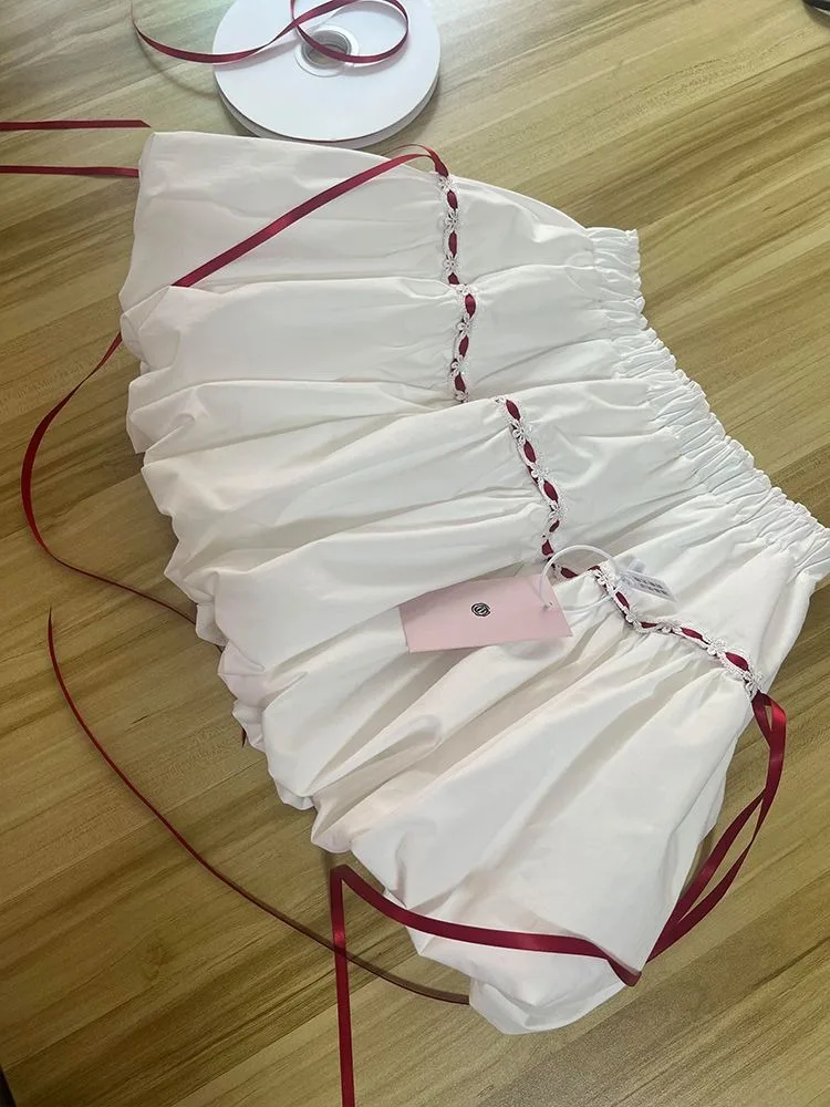 

Sweet White Floral Bud Skirt for Women Summer High Waist Drawstring Skirts 2025 New White All-match Faldas Sexy Mujer