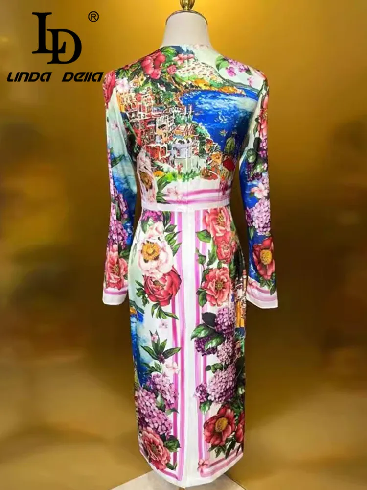 LD LINDA DELLA Women's High Street Dress Autumn Winter Long-Sleeved Slim-Fit Hip Wrap Oil Painting Landscape Printed Silk Dress