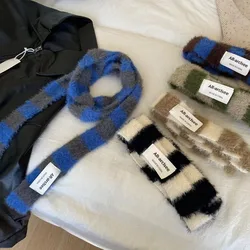 Clothing Accessories Y2 Striped Scarf Knitted Wool Soft Sausage Thin Scarf Warm Plush Long Narrow Scarves Autumn Winter