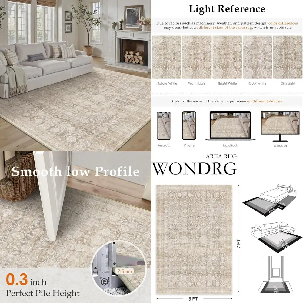 

Elegant Beige Floral Area Rug for Living Room - Washable, Non-Slip, Low Pile, and Stain Resistant