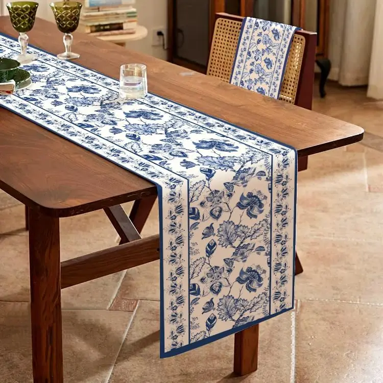 Summer Blue Floral Linen Table Runner Holiday Party Decorations Reusable Farmhouse Kitchen Dining Table Runner Wedding Decor