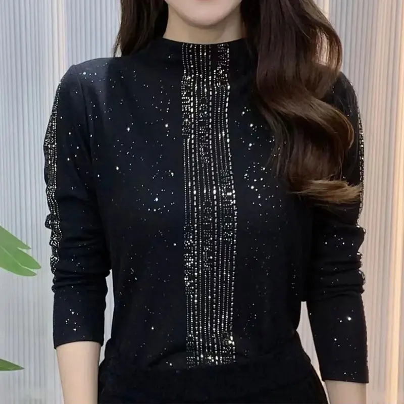 Fashion Diamonds Sequined T-shirt Casual Female Clothing Vintage Solid Color Autumn Winter Basic Half High Collar Slim Pullovers