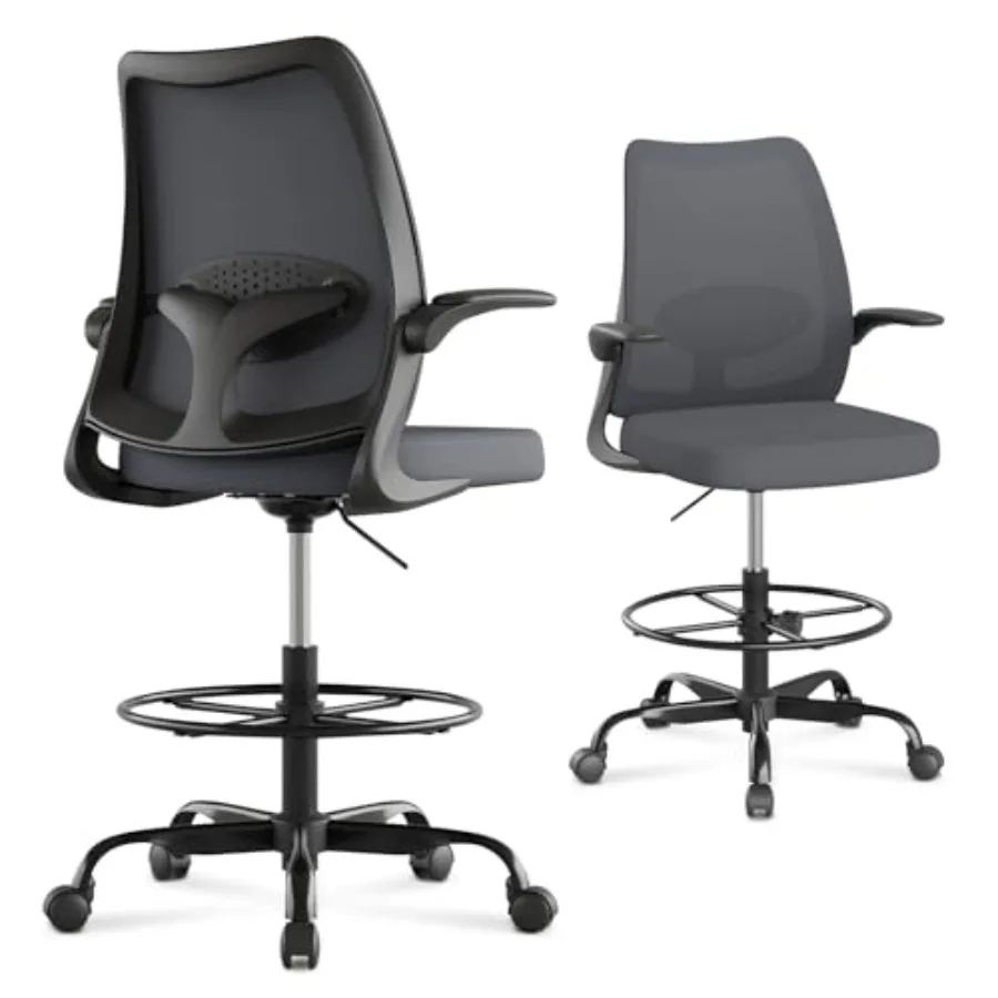 Drafting ChairTall Office Chair with Adjustable Footrest Ring Lumbar Support Ergonomic High Desk Seat Flip-Up Armrests Breathab