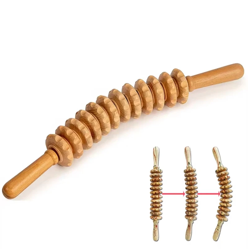 Image of Holz-Rollmassagestab Handgehaltenes Massagegerät 12-Rad-Rollwerkzeug Biegbarer Roller Triggerpunkt aus Reinem Naturholz