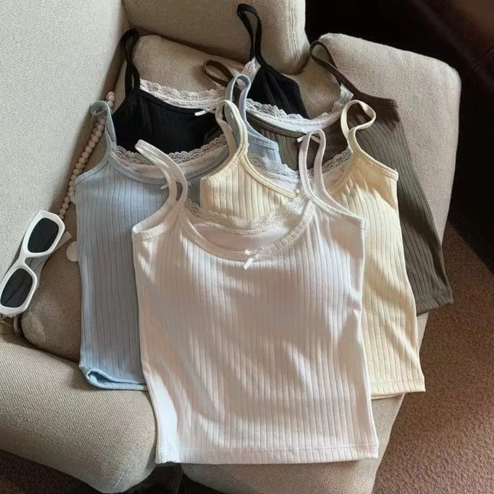Cute Ribbed Knit Lace Cami Top Lace Trim Bow Accent Ribbed Camisole Solid Color Spaghetti Straps Spaghetti Strap Tank Daily Wear