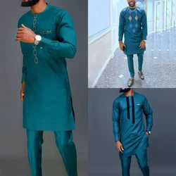 Summer African Men's Traditional Elegant Suits Outfit Dashiki 2Pcs Shirt & Pants Full Set Designer Clothes Abaya Brand Costume