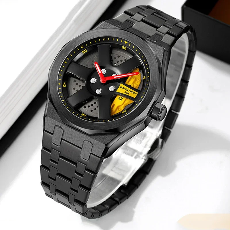 Rotation Dial Men Quartz Watch Car Wheel Rim Hub Reloj Black Red Clock Male Luxury Sports Man New Conceptual Rotating Wristwatch