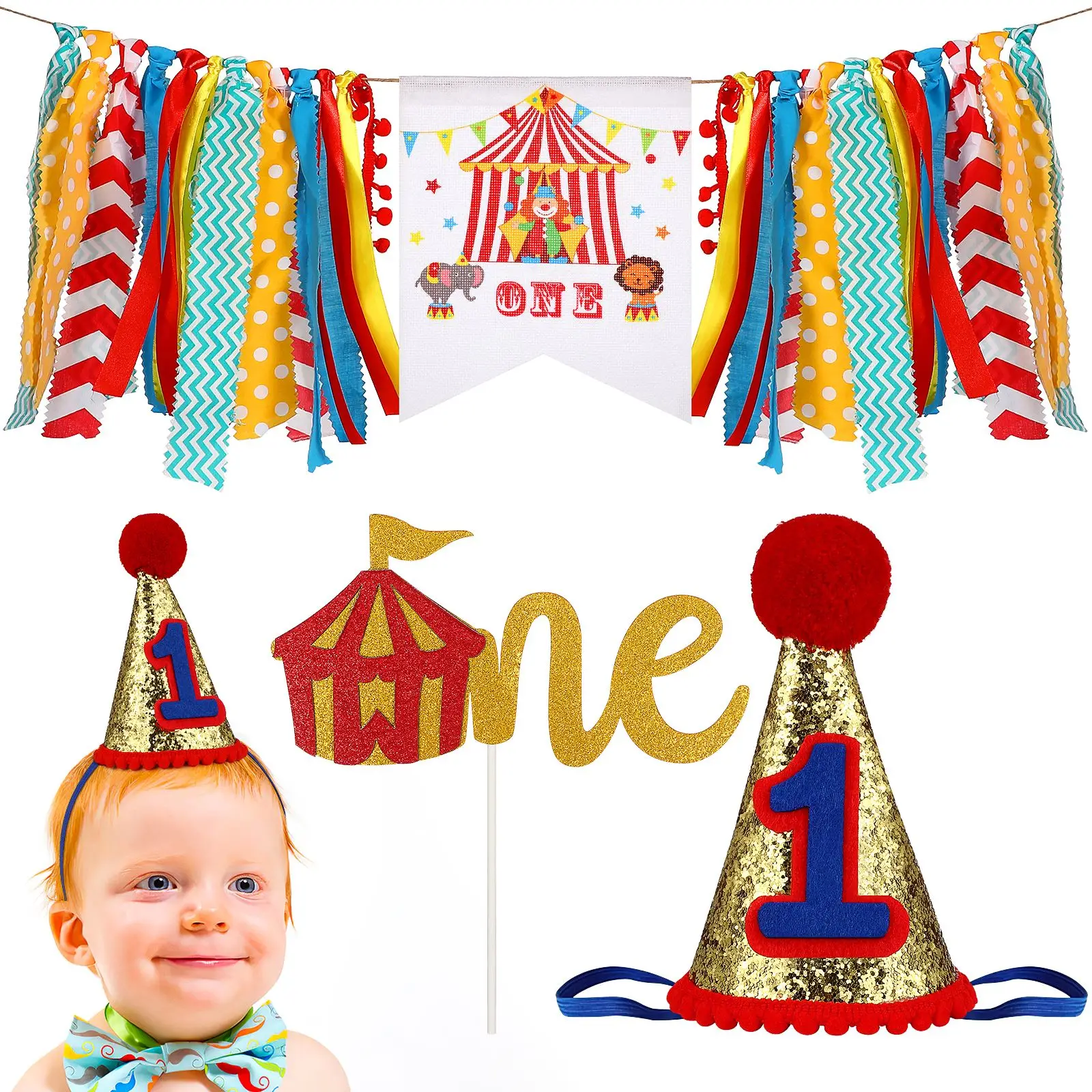 3-teiliges Partyzubehör für den ersten Geburtstag, Zirkus-Karnevalsthema, buntes Banner, Kuchenflagge, Hut, einjährige Geburtstagsdekorationen – Detail 1
