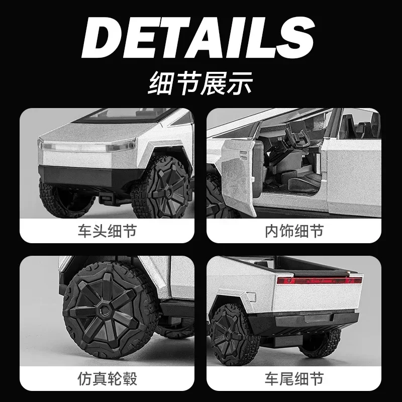 1:36 Tesla Cybertruck Pickup SUV Alloy Car Model Diecast Metal Toy Off-Road Vehicle Pull Back Truck Sound Light Toy Collection