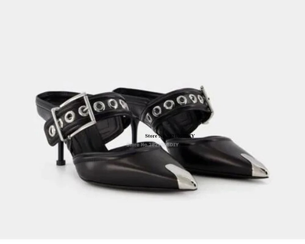 

Thin High Heel Black Leather Pumps Women Silver Tone Metal Toe Big Buckle Stiletto Heeled Dress Shoes for Party