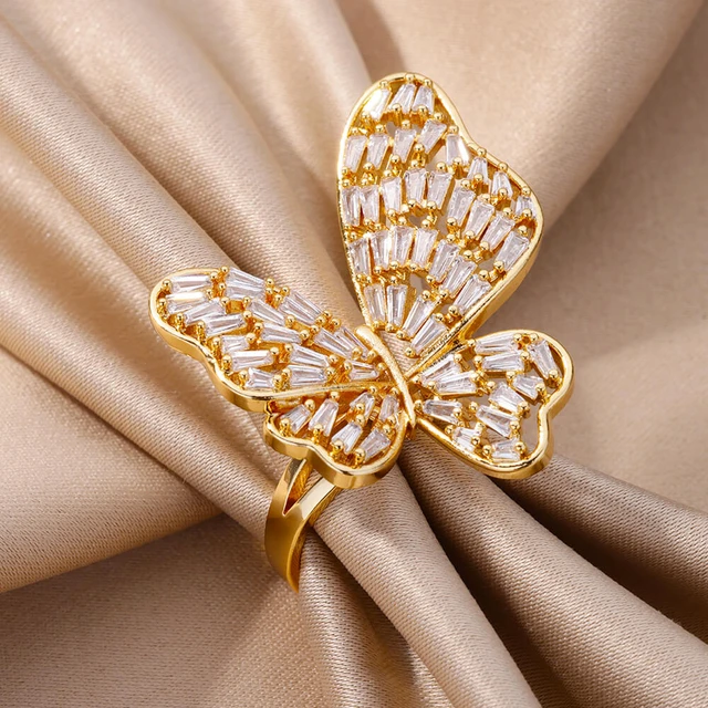 Anillos de mariposa de acero inoxidable para mujer anillo de aro de circon de cobre ajustable